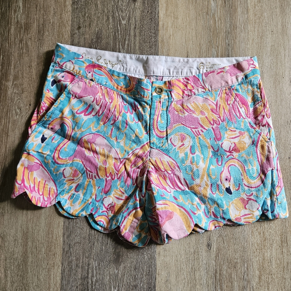 Lilly Pulitzer Buttercup Shorts Sz 6 Peel and Eat Flamingos Summer Scallop Hem